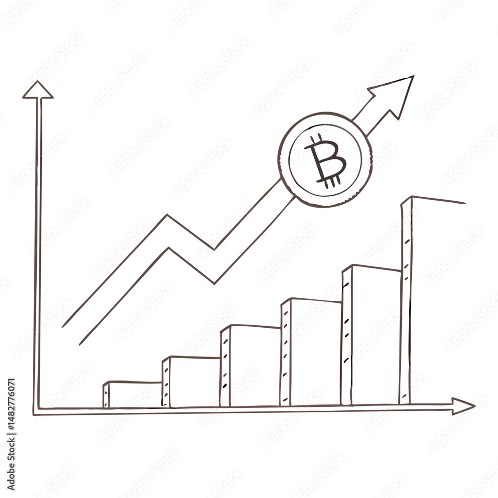 Poster bitcoin chart icon showing upward trend with arrow and bar graph representation