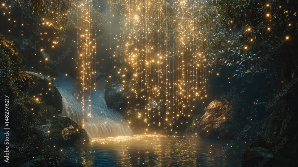 Poster stars descending in elegant streams, their light creating a mystical and serene atmosphere.