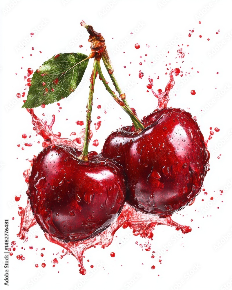 Poster two fresh cherries splashing in juice studio shot isolated on white background close up macro vibran