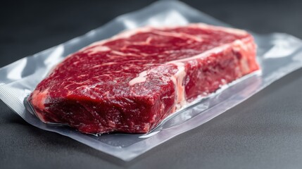 Fototapeta premium Raw ribeye steak in vacuum sealed packaging close up studio shot on dark gray background food photography