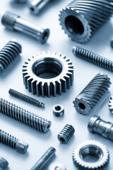 Close Up of Precision Machined Metal Parts on Clean Surface Studio Shot for Engineering Concept