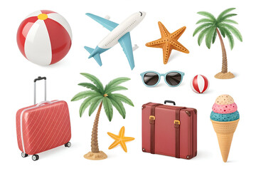 set of travel icons, 3d Set of Summer items realistic render vector icon, travel, sea side, beach, summer vacations