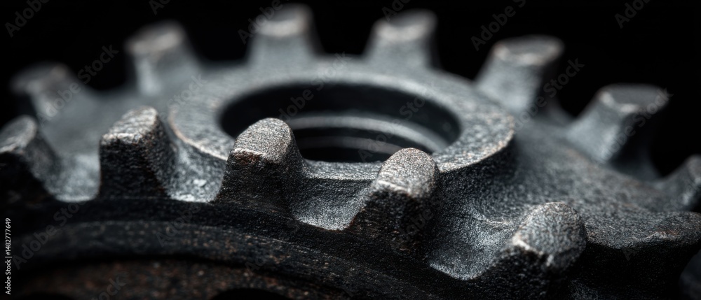 Poster macro close up of a weathered metal gear showing texture and detail in studio lighting on black back