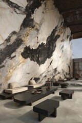 Contemporary lounge interior with marble wall and dark wood furniture design in a modern architectural space