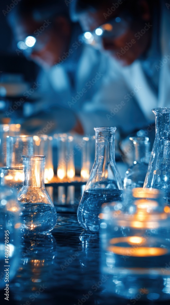 Poster scientists working in lab with beakers and test tubes conducting research experimentation in a blue 