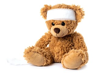 Obraz premium Injured Teddy Bear with Bandage, Soft Toy, Fluffy, Brown, Cute, White, Isolated, Background, Plush, 