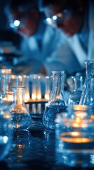 Scientists Working in Lab with Beakers and Test Tubes Conducting Research Experimentation in a Blue Lit Environment