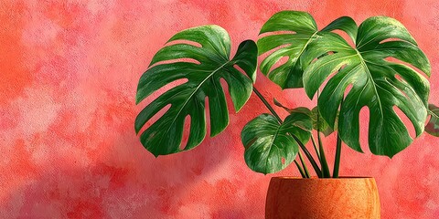 Obraz premium Vibrant Monstera Plant Against Coral Wall (1)