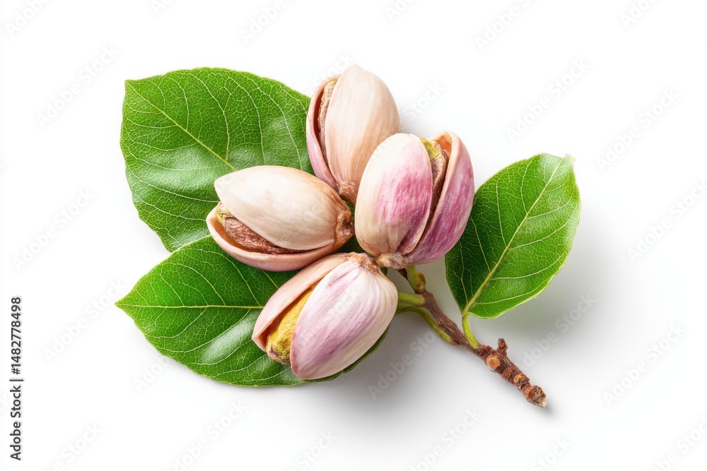 Poster pistachio nuts on branch with leaves close up isolated on white background studio shot overhead view