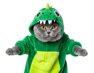 A gray cat wearing a green dinosaur costume with wide, expressive eyes and extended front paws.