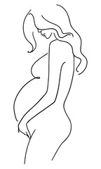 Silhouette of a pregnant woman drawn in line art style. Vector illustration for banner design.