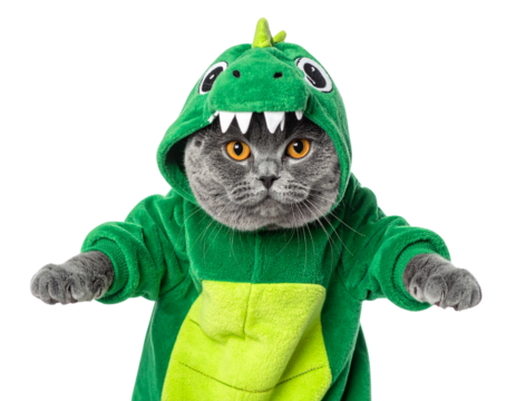 A gray cat wearing a green dinosaur costume with wide, expressive eyes and extended front paws.
