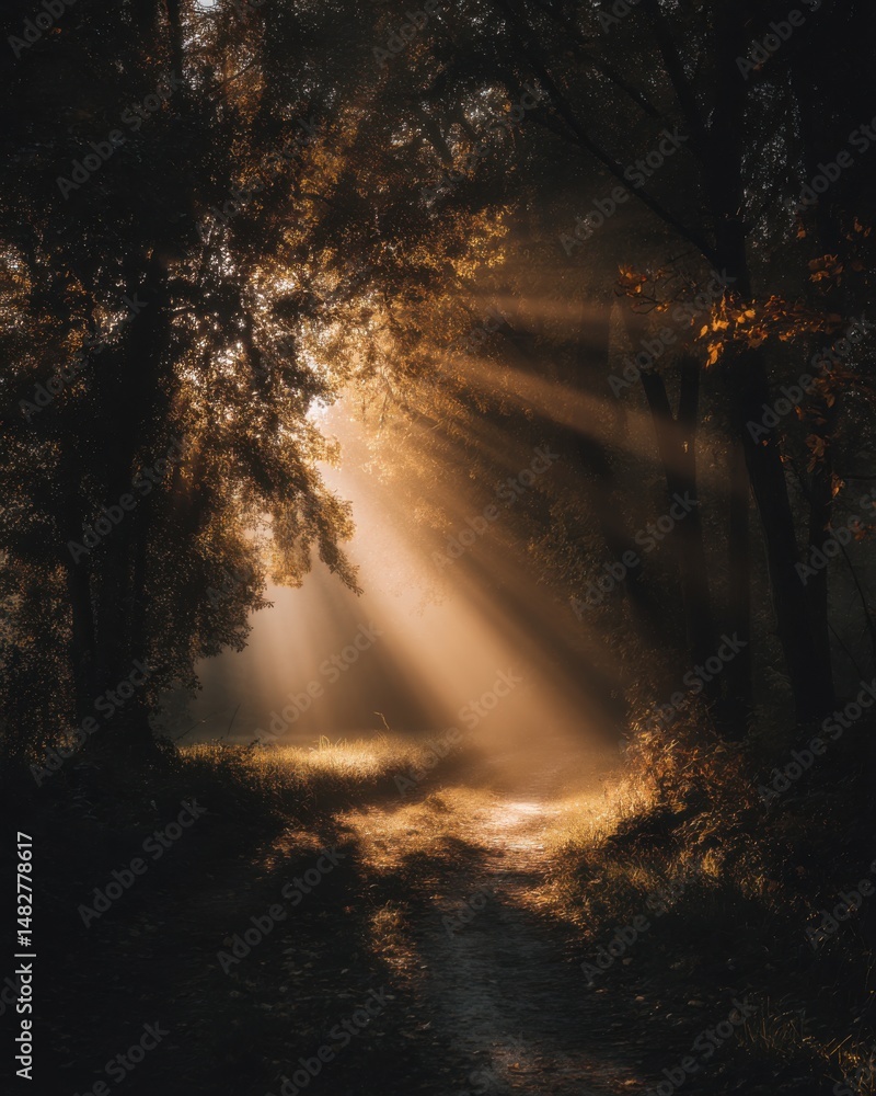 Poster sunbeams pierce autumn forest mist on path creating ethereal light and shadow landscape at dawn