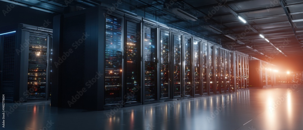 Poster data center server racks hosting digital information processing in a secure facility low angle view 