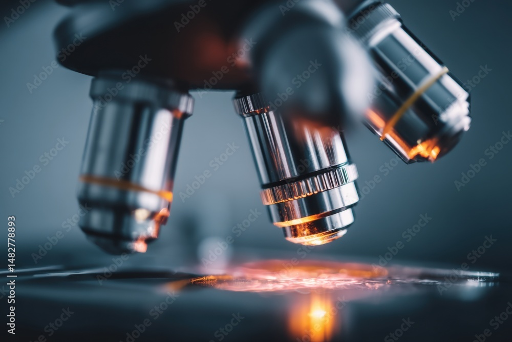 Poster close up of a microscope in laboratory setting for scientific research and medical analysis macro sh