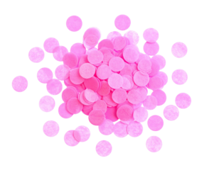 A pile of bright pink confetti circles scattered in a loosely clustered arrangement.