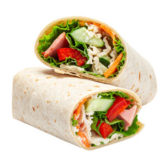 A fresh tortilla wrap filled with lettuce, cucumber, tomato, ham, shredded carrots, and cheese.