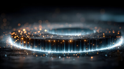 Fototapeta premium Abstract glowing circle on dark surface with bokeh lights creates a futuristic effect