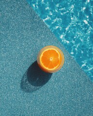 Orange juice drink on pool edge, summer refreshment, top-down view, vibrant color, poolside relaxation, vacation vibes, tropical escape, sunny day, refreshing beverage