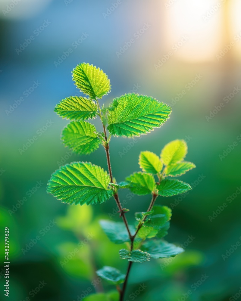 Poster close-up of a young tree branch with vibrant green leaves in soft focus with a blurred background in