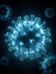 Fototapeta premium Microscopic Virus Render Showing Viral Structure and Morphology in Blue Tones on Dark Background