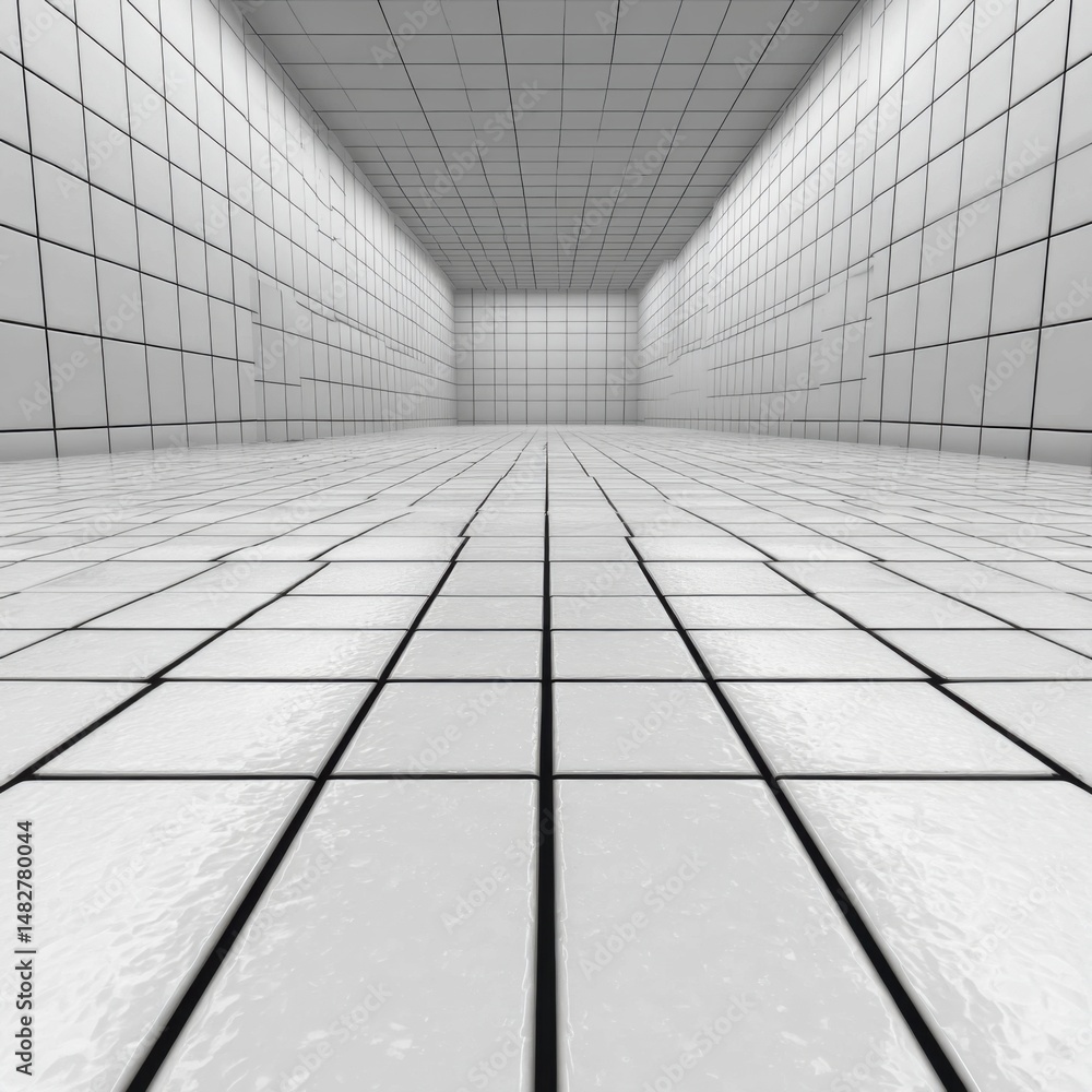Poster clean white tiled room interior perspective view showing floor walls and ceiling in a modern style a