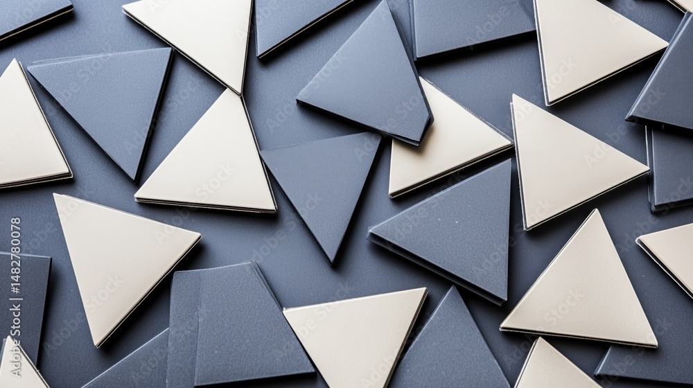 Poster triangular tiles scattered on a surface showcasing geometric design in black and beige colors for cr