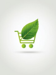 Green leaf in shopping cart concept illustration for eco friendly products and sustainable lifestyle promotion on white background