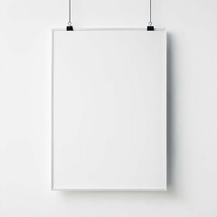 White framed poster hanging on a white wall with binder clips minimalist style