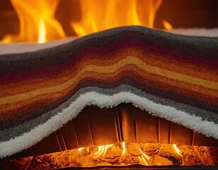 Cozy warmth: A colorful blanket drapes over a glowing fireplace, inviting relaxation and comfort.