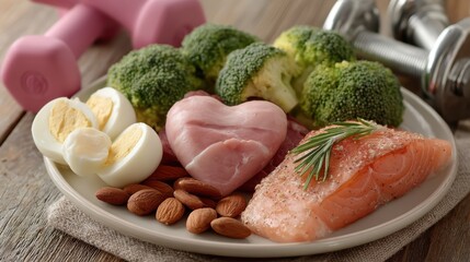 A plate of heart-healthy food with nutritious ingredients and fitness tools.