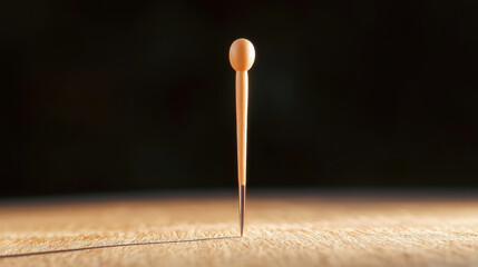 A close-up of a matchstick standing upright on a wooden surface with dramatic lighting.