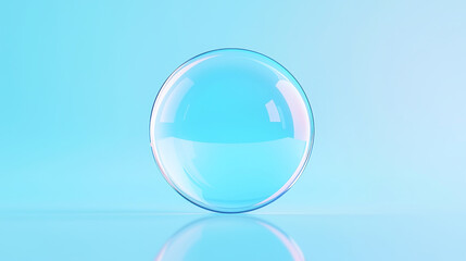 A close-up of a transparent bubble reflecting light on a calm blue background.