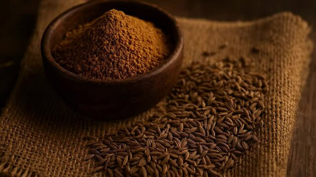 Aromatic Cumin Powder and Seeds on Rustic Burlap Background A Culinary Delight for Food Photography