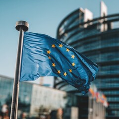 European Union flag waving in front of the European Parliament building in Strasbourg France low angle view