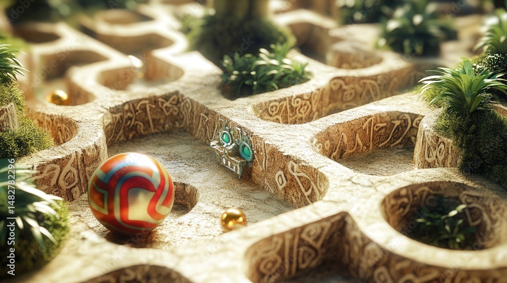 Poster maze adventure with a marble rolling through levels filled with intricate designs and hidden exits
