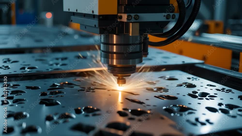 Poster cnc laser cutting machine automating operations, generating multiple sparks. concepts of metalworkin