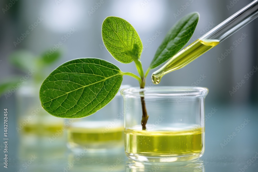 Poster plant seedling in beaker with pipette adding liquid close up in laboratory for science research and 