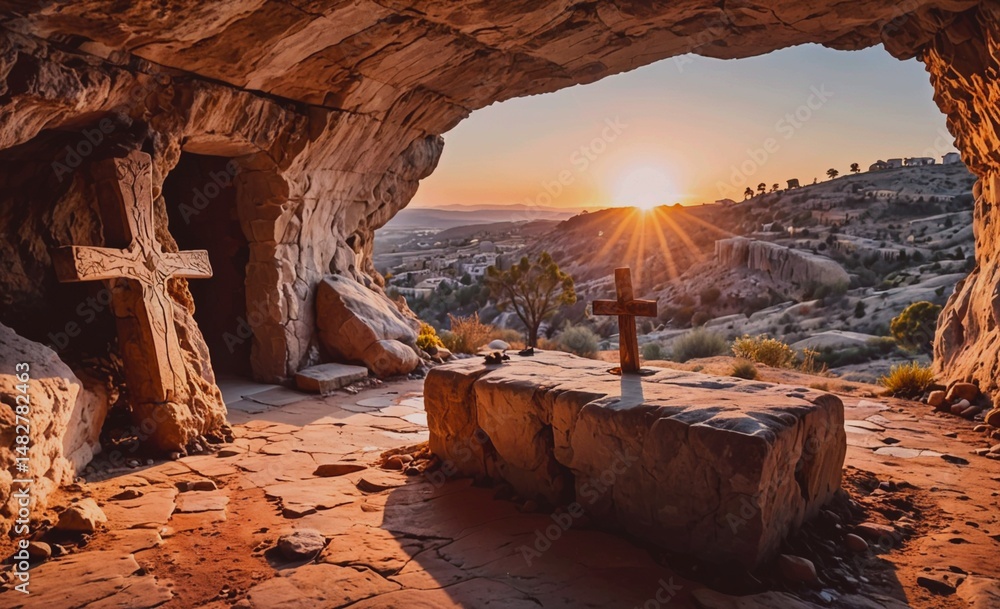 Poster Small stone structure with a cross on top and a small stone bench. The sun is setting behind the structure
