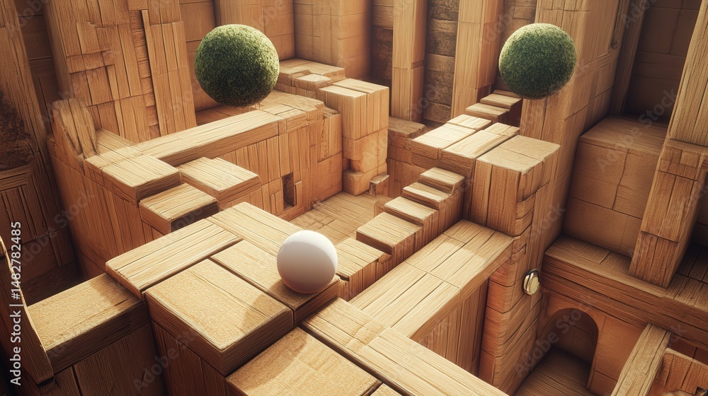 Poster maze game where a ball rolls through timed traps and moving platforms, solving puzzles to escape