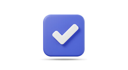 3D Rendered Blue Square with White Checkmark on White Background for Success Confirmation