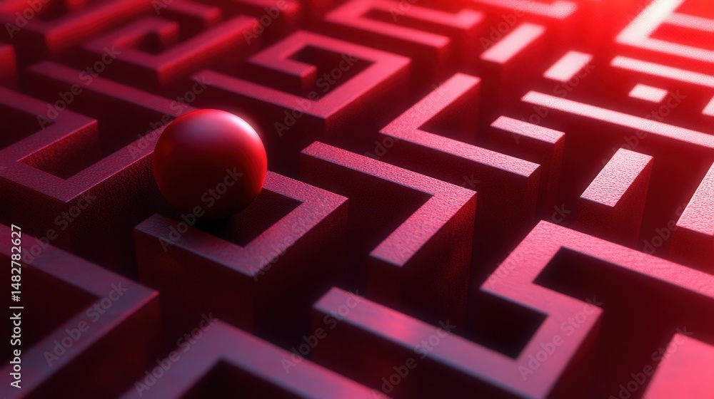 Poster maze game where a rolling ball traverses tunnels and ramps, avoiding pitfalls to discover the exit