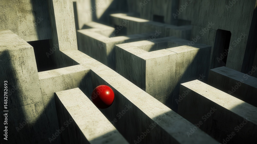 Poster maze game where a rolling ball traverses tunnels and ramps, avoiding pitfalls to discover the exit