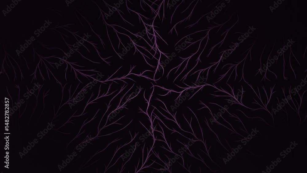 Poster glowing pink neural branch pattern radiating symmetrically from dark center. abstract energy flow, d