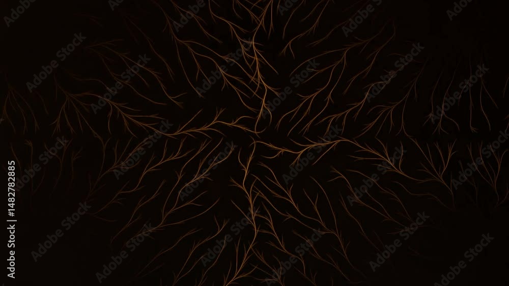 Poster glowing yellow neural branch pattern radiating symmetrically from dark center. abstract energy flow,
