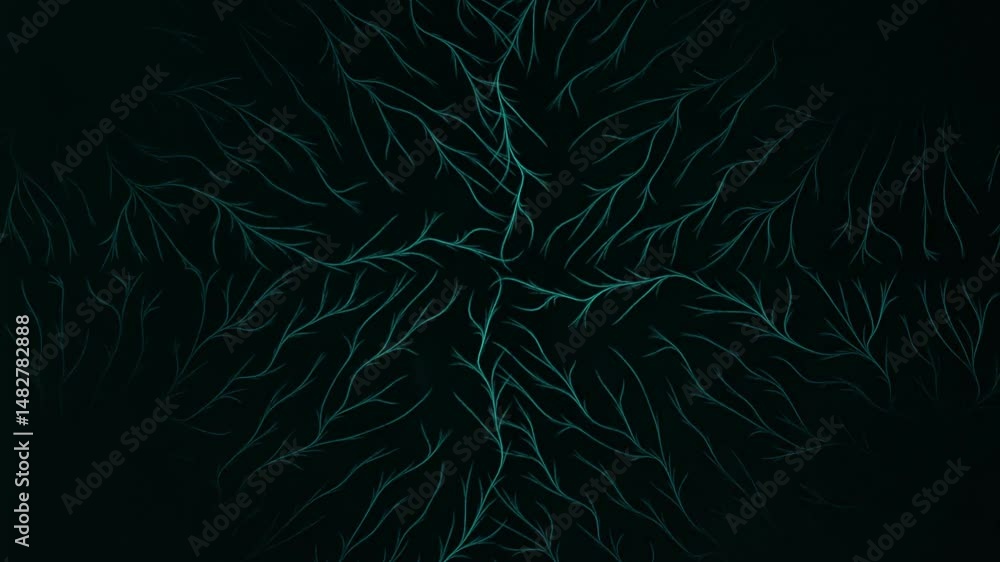 Poster glowing blue neural branch pattern radiating symmetrically from dark center. abstract energy flow, d
