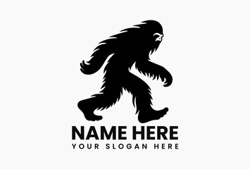Fototapeta premium Minimalist Bigfoot walking silhouette in black vector art isolated on white. Mythological creature logo 
