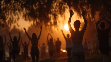 Fototapeta premium Group of people exercising in a park during sunrise, embracing a fitness routine.