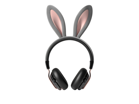 
Black headphones with bunny ears design on a transparent background