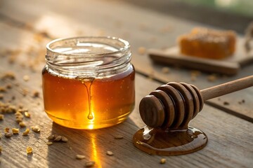 Golden Honey Dripping from Wooden Honey Dipper onto Wooden Table with Honeycomb and Bee Pollen